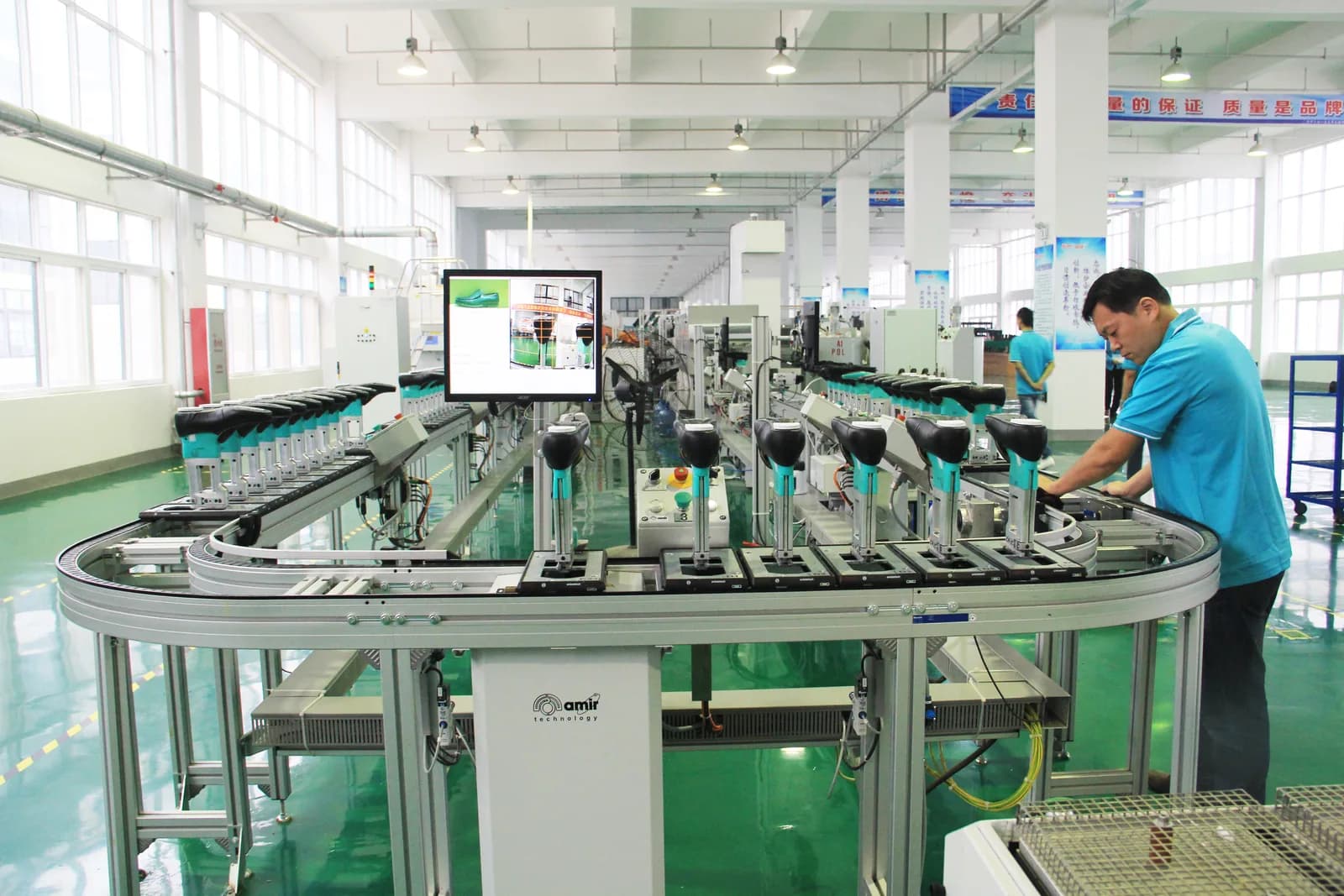 Automated safety footwear production line at Future Tech manufacturing facility