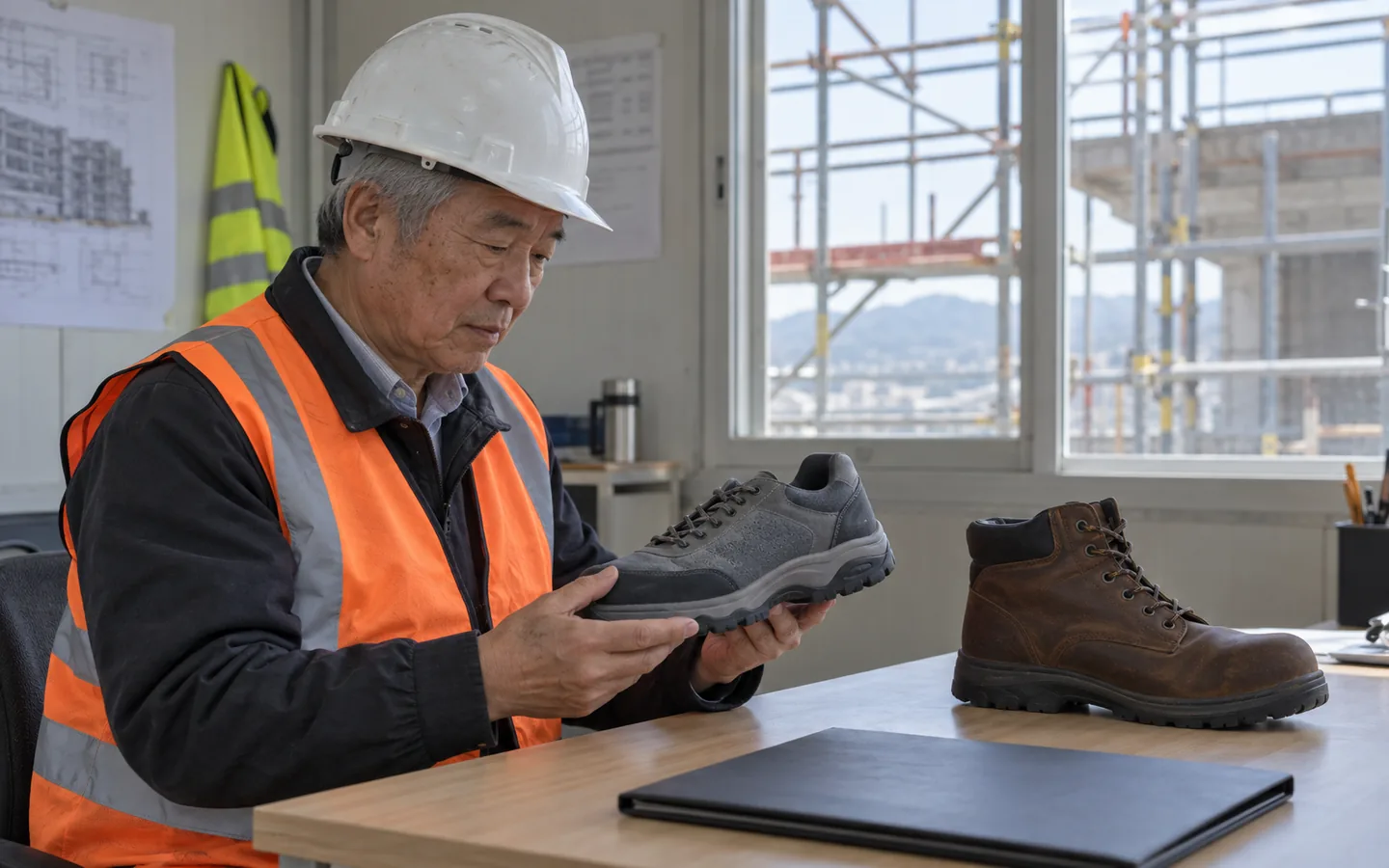 Construction buyer inspecting a shoe sample beside a work boot in a site office