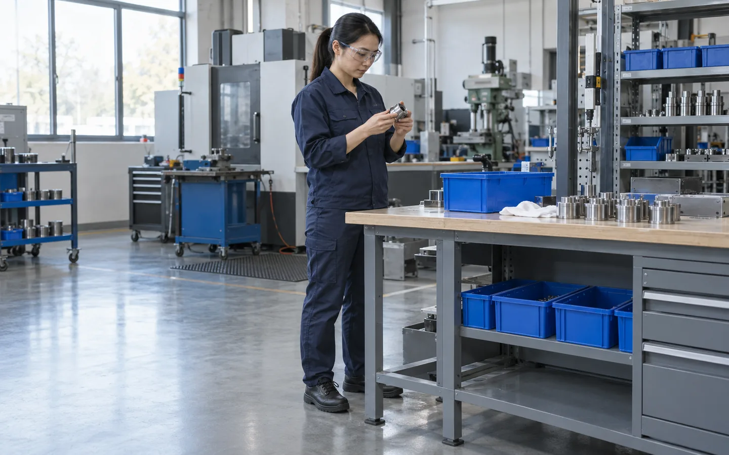 Assembly technician reviewing a component at a factory workbench