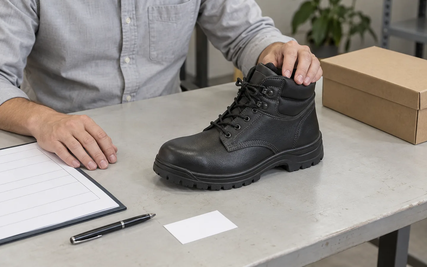 Especialista revisando una muestra de bota negra junto a referencias de especificación y una caja de muestra sin marca