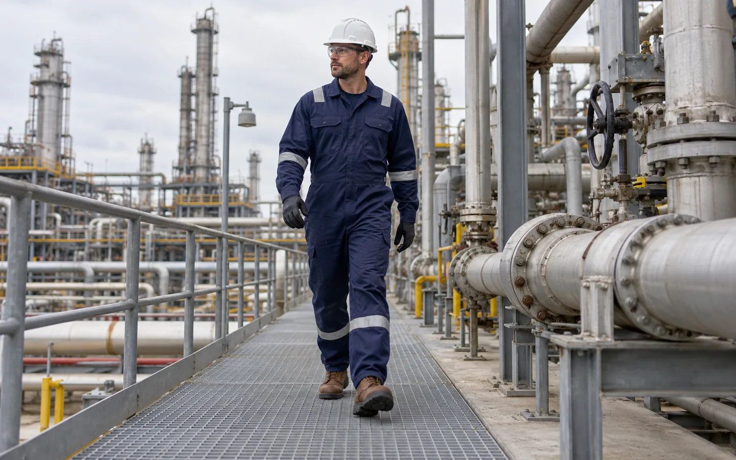 Maintenance worker wearing work boots on a refinery walkway