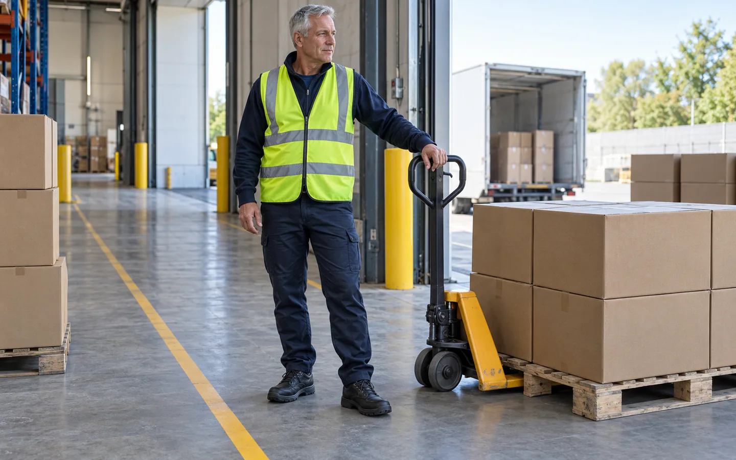 Warehouse loading worker beside a pallet truck and plain cartons