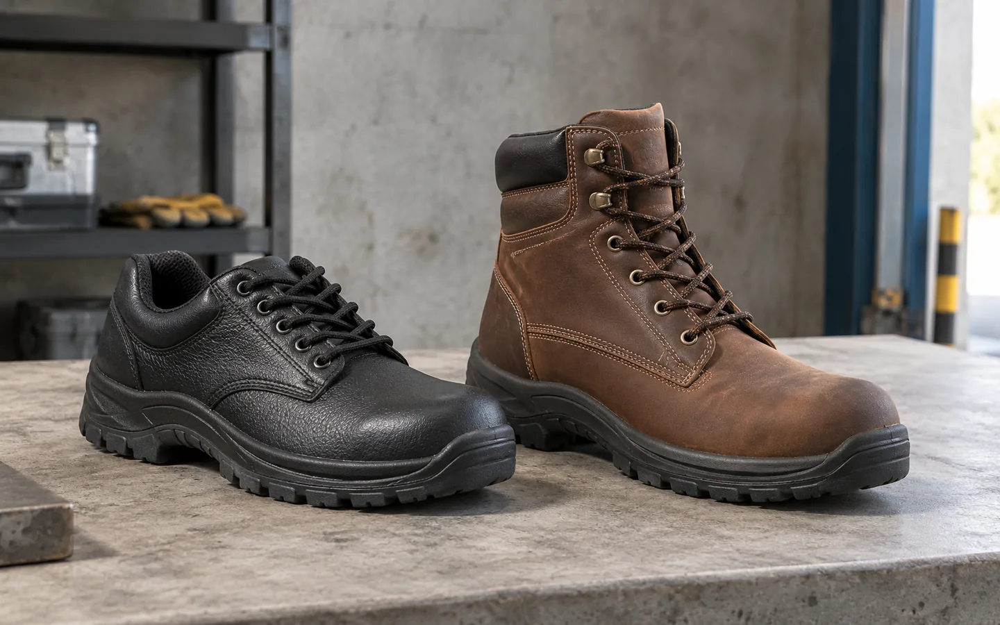 Black low-cut work shoe beside a brown high-cut work boot on a review bench