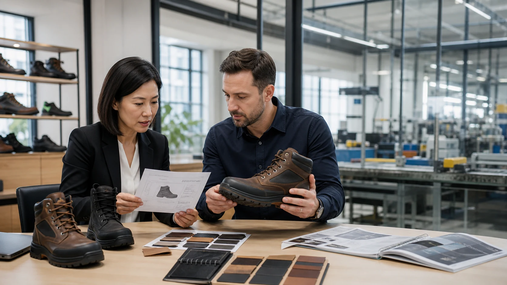 Chinese safety footwear supplier discussing OEM boot specifications with an international business partner