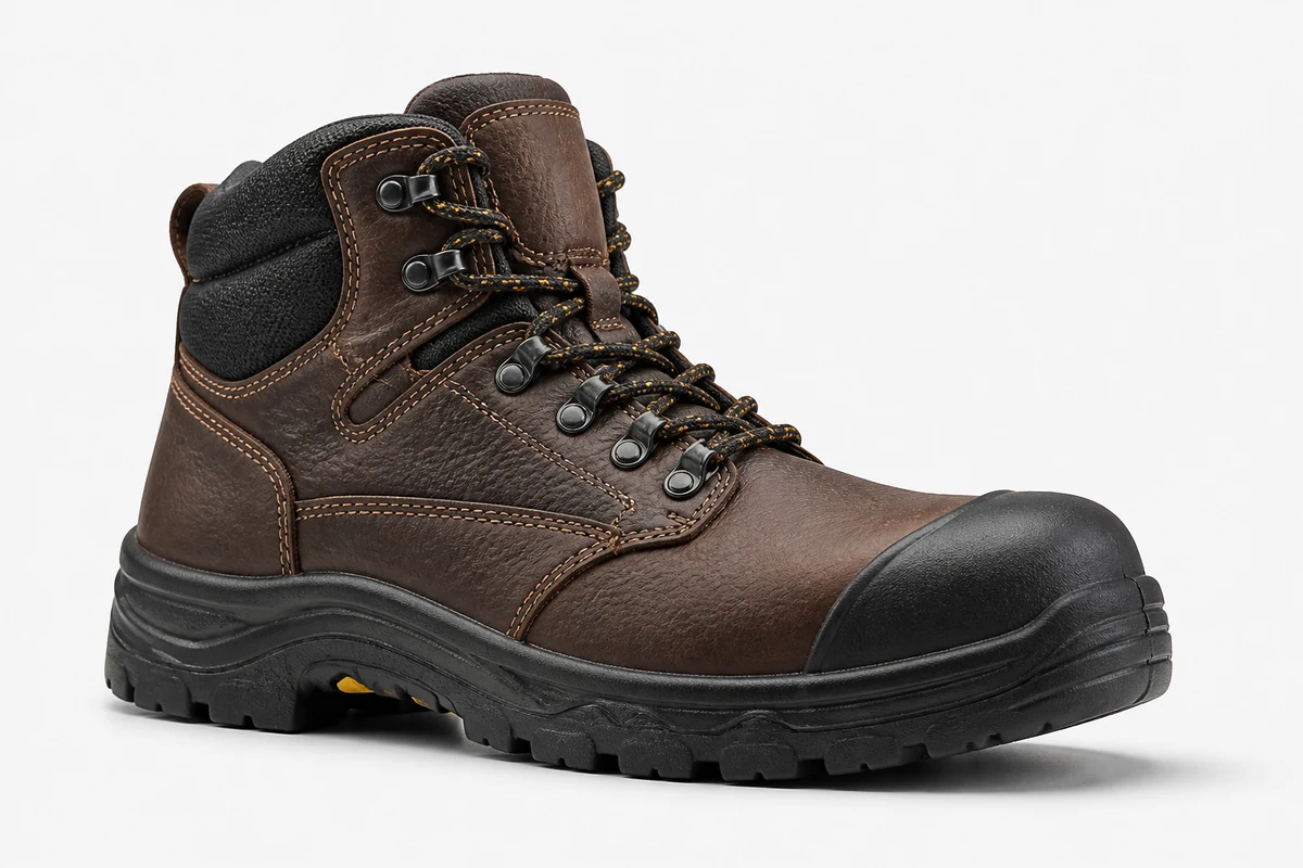 Premium brown safety boot with protective toe and slip-resistant outsole